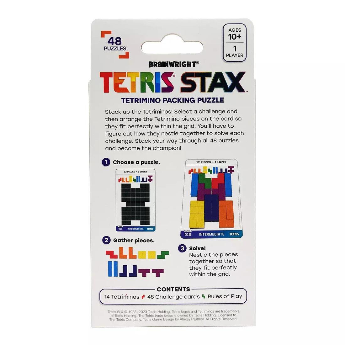 back of package of Tetris Stax Tetrimino Packing Puzzle