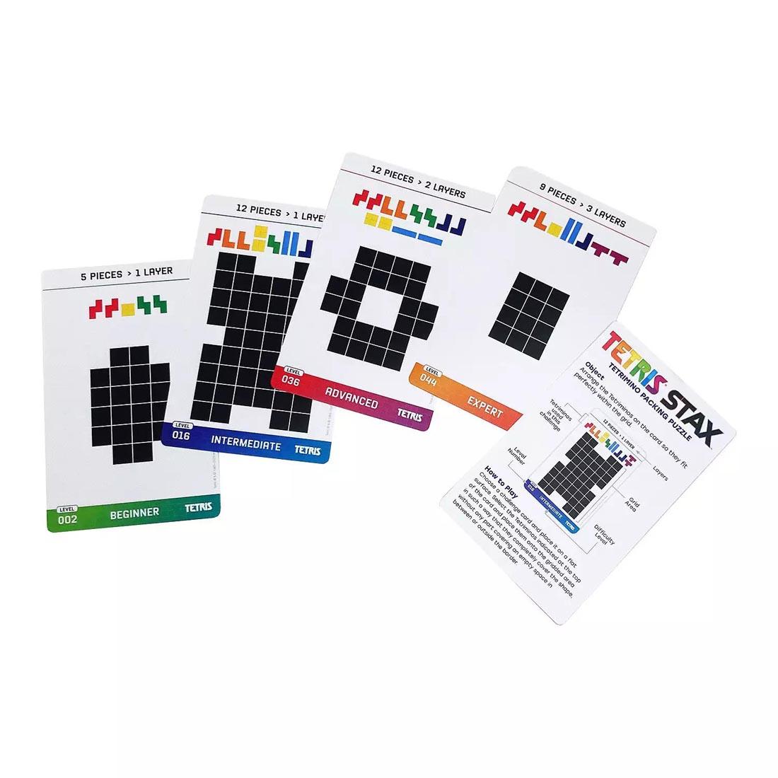 4 challenge cards from Tetris Stax Tetrimino Packing Puzzle, plus instruction card