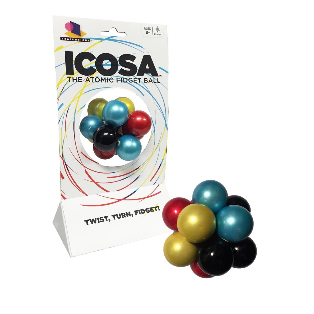 Icosa: The Atomic Fidget Ball shown both in and out of packaging