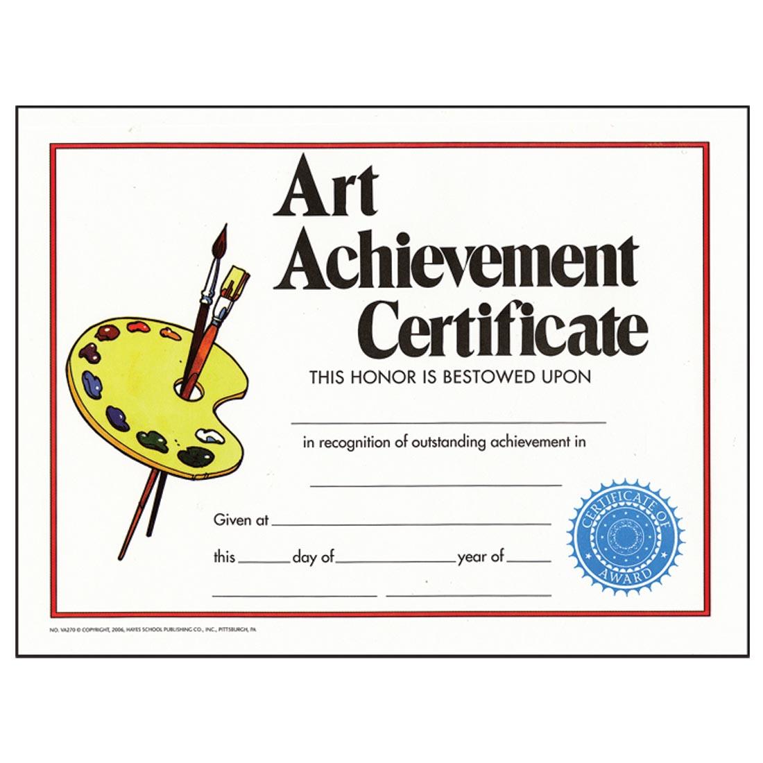 Art Achievement Certificate with a picture of a Palette and Paint Brushes