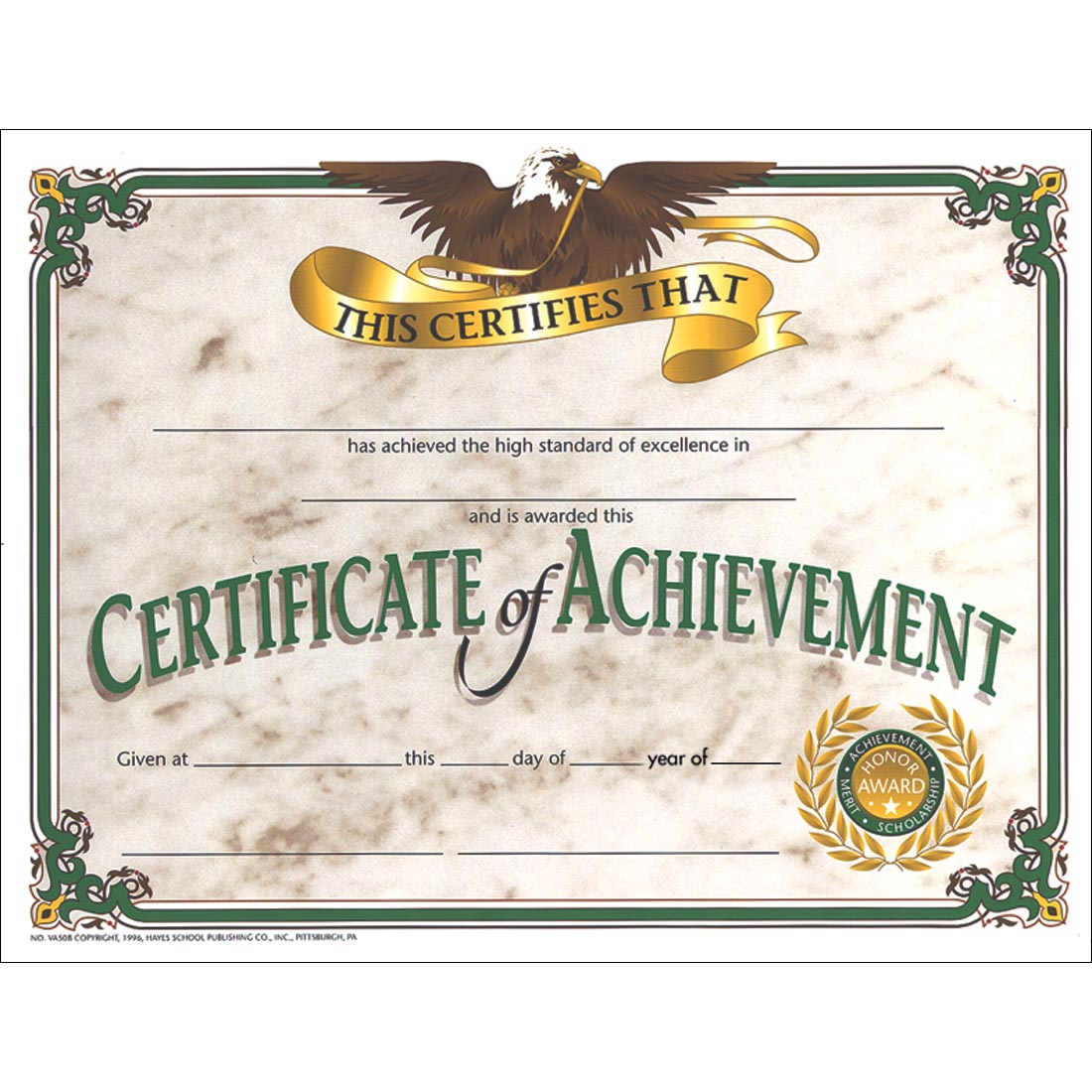 Certificate Of Achievement shows an eagle at the top