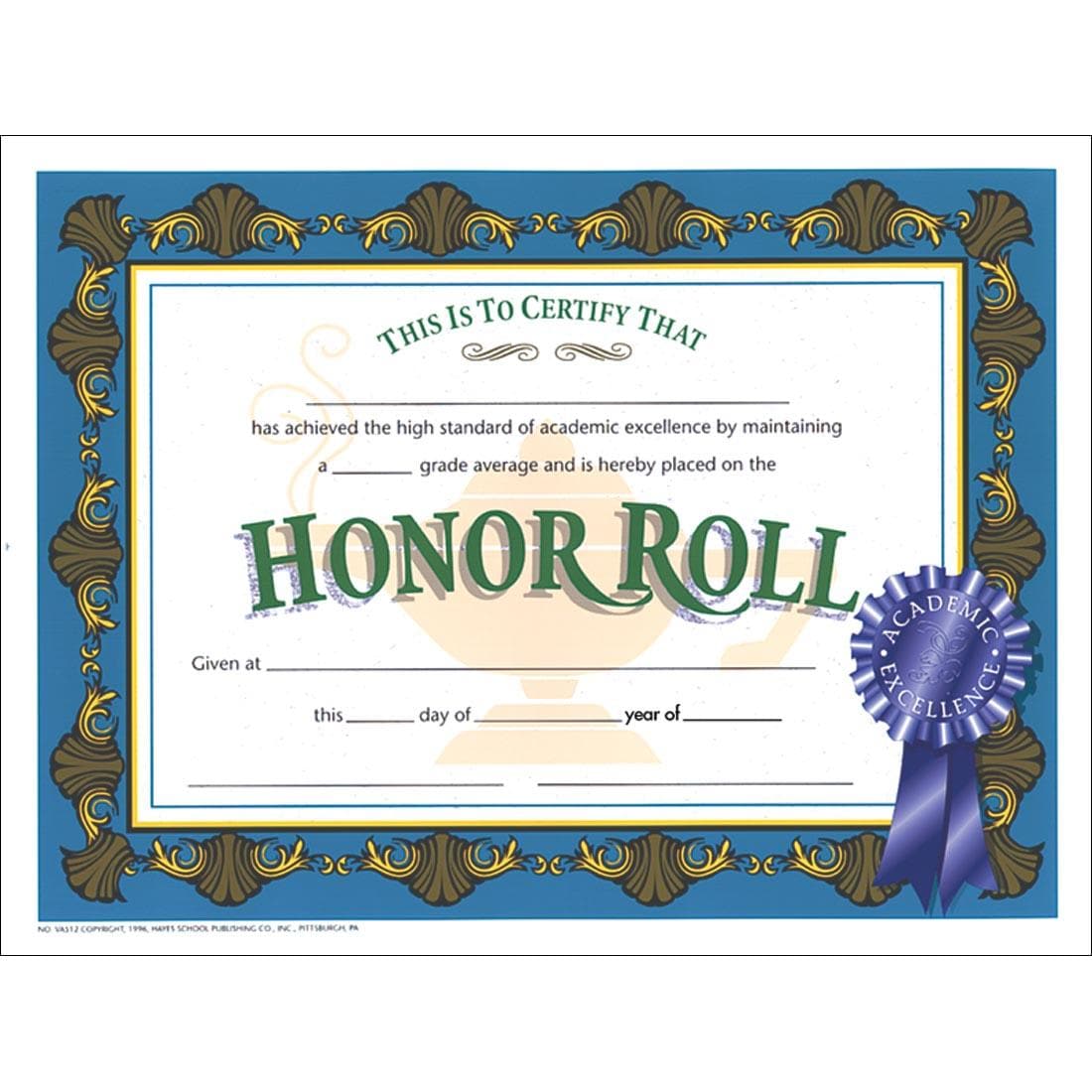 Blank Honor Roll Certificate with a picture of a ribbon saying Academic Excellence