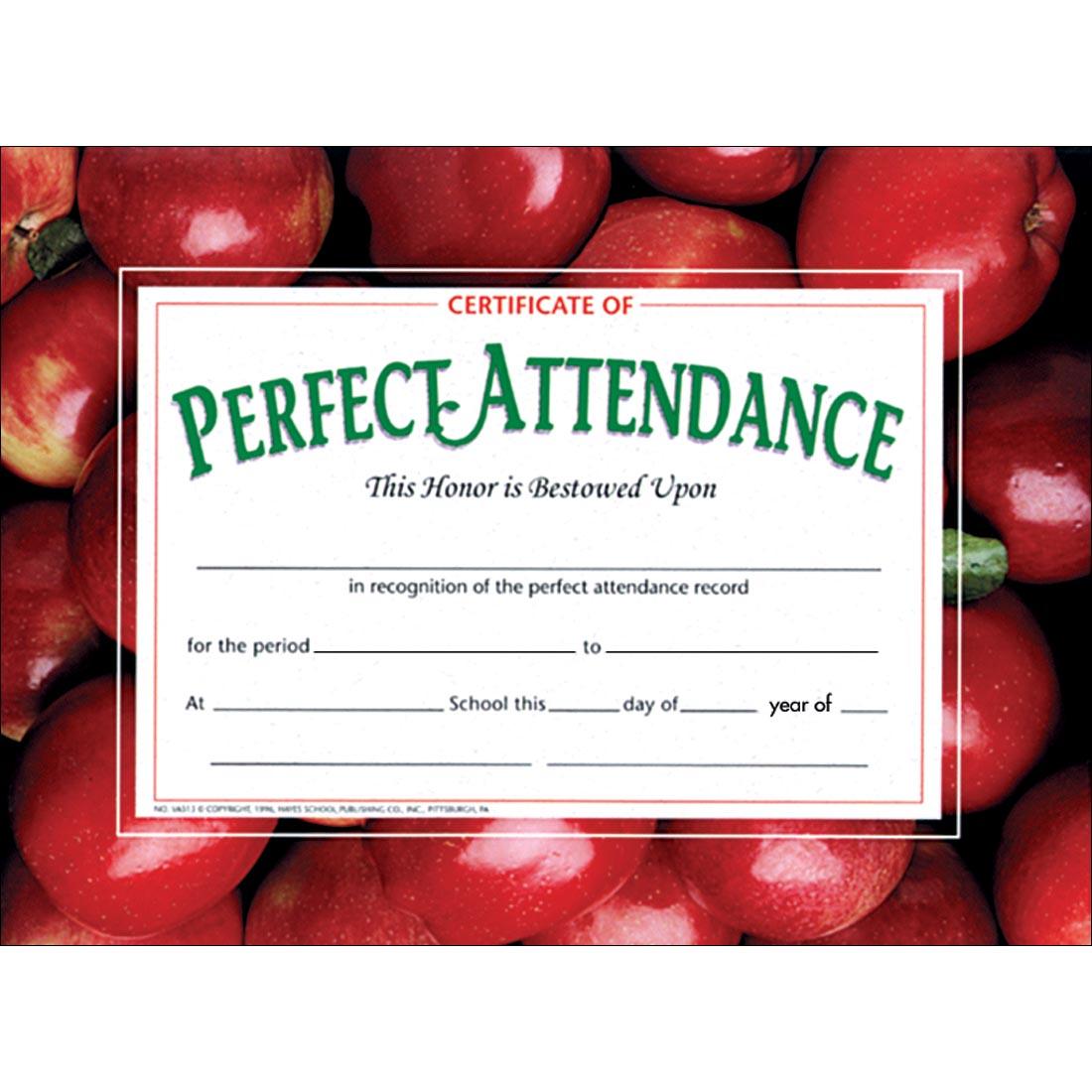 Blank Perfect Attendance Certificate with red apples around the border