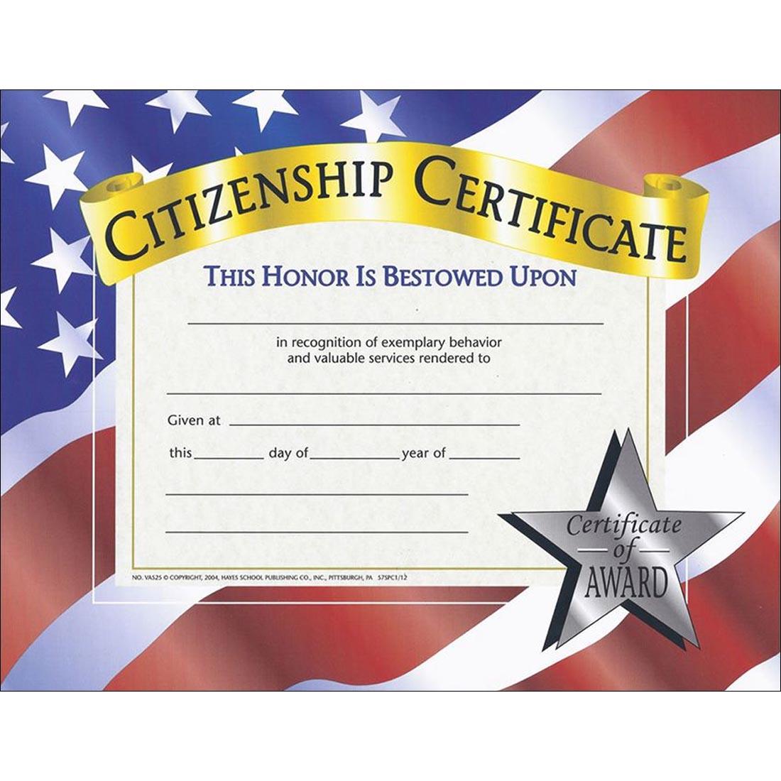 Blank Citizenship Certificate with American Flag Border