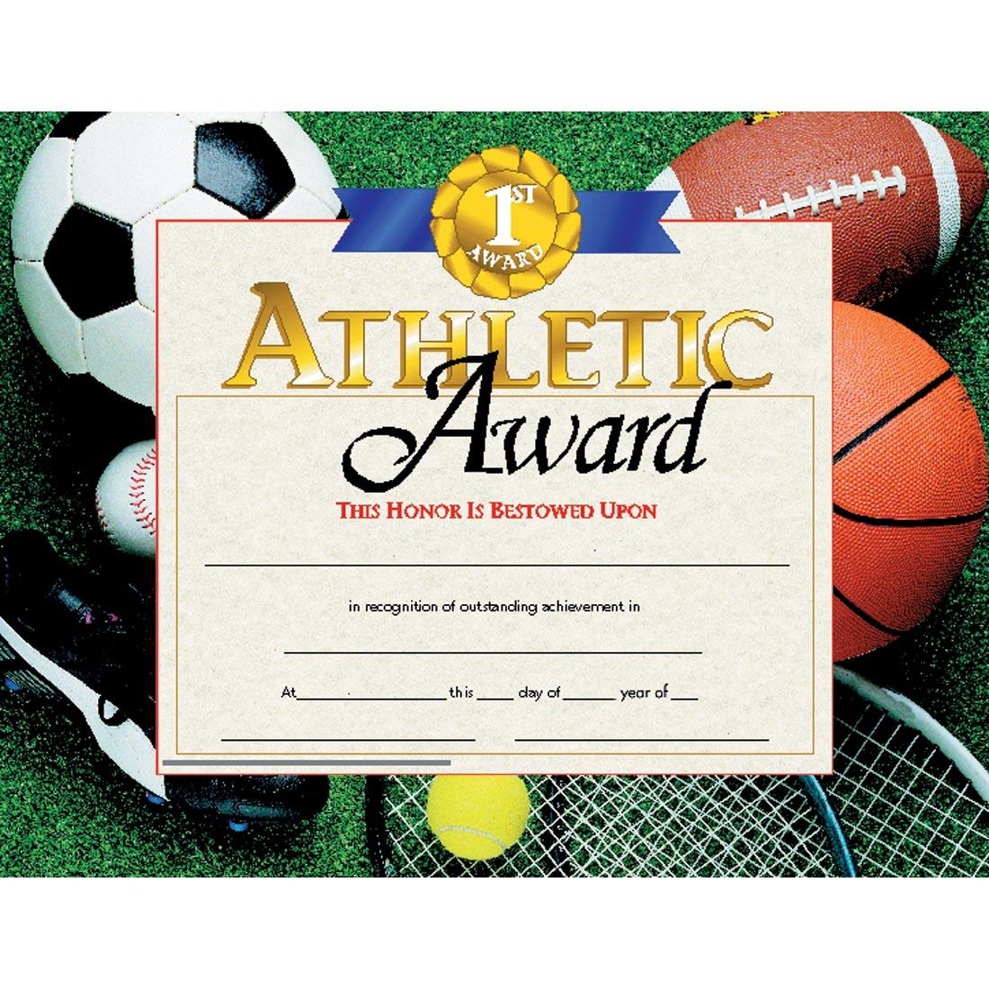 Blank Athletic Award Certificate with Soccer Ball, Football, Basketball, Baseball, Tennis Ball and Rackets, and Cleats in the background