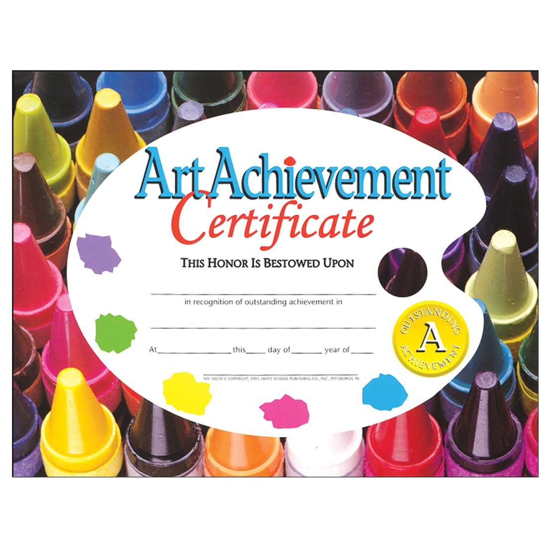 Art Achievement Certificate with colorful crayons as border