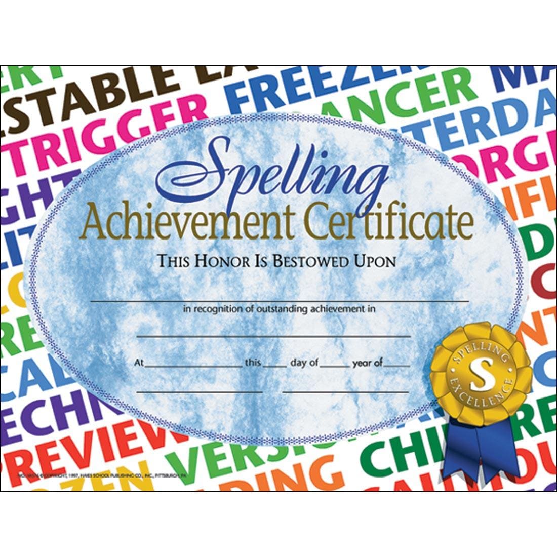 Spelling Achievement Certificate with partial words in the background like trigger, freezer, etc.