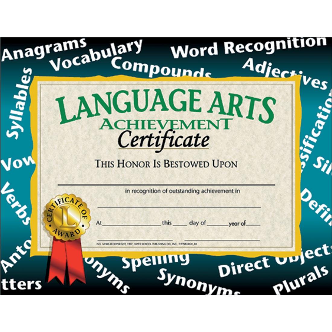 Blank Language Arts Achievement Certificate