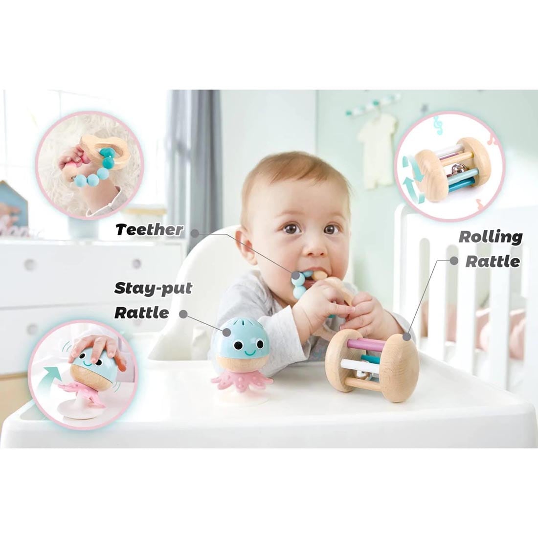 Baby surrounded by pieces of the Wooden Multi-Stage Sensory Set with text describing each piece