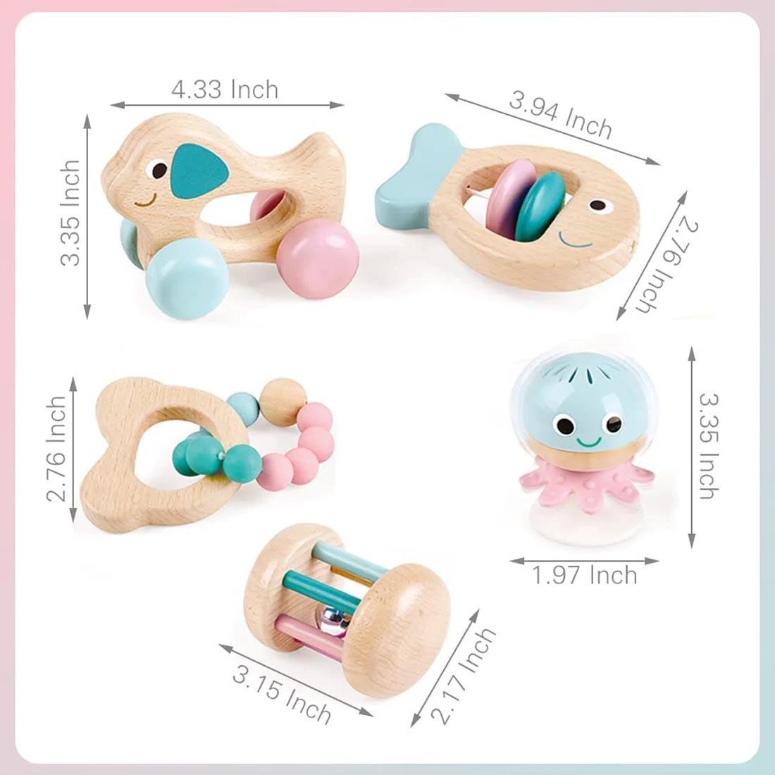 The pieces of the Wooden Multi-Stage Sensory Set By Hape labeled with their measurements