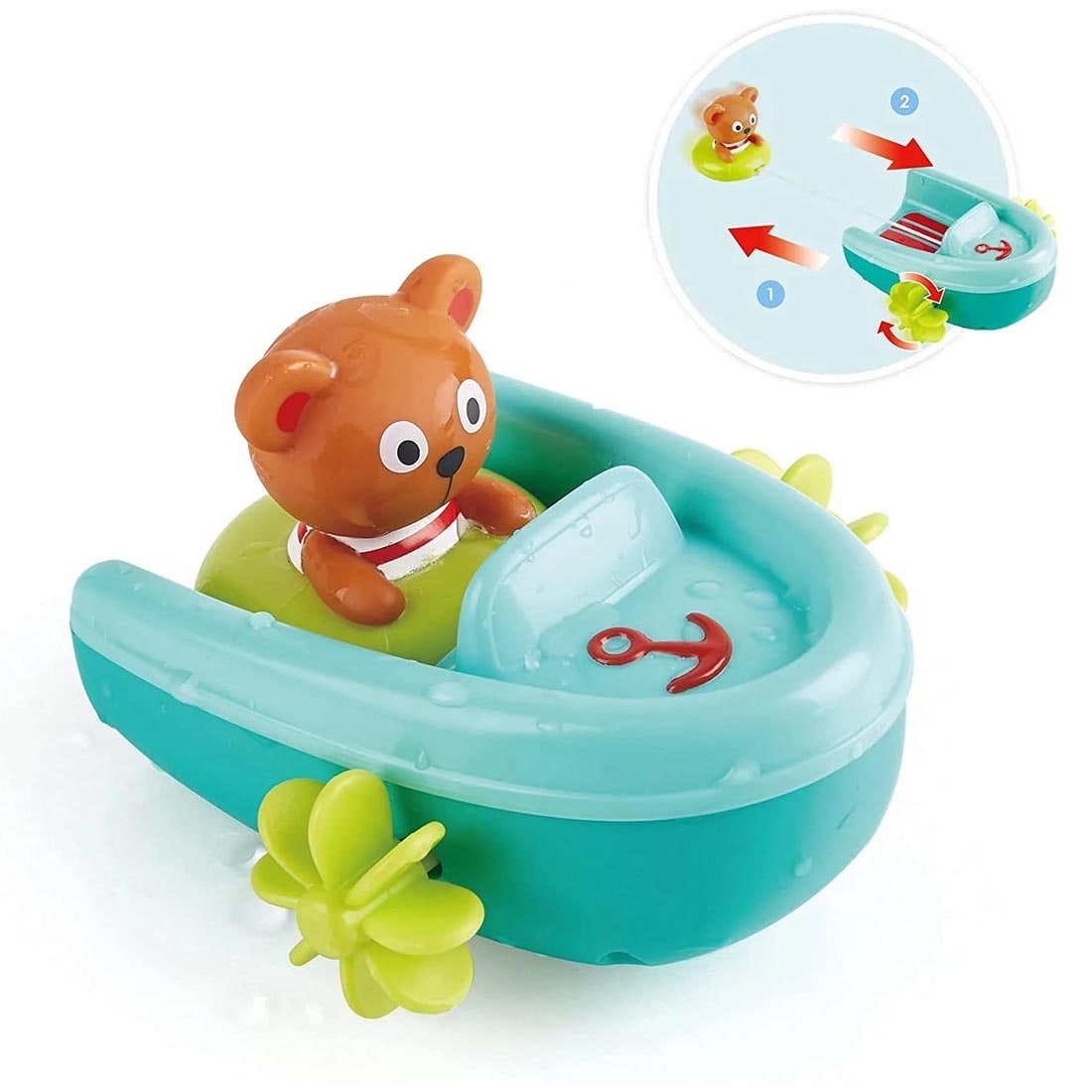 Tubing Pull-Back Boat Bath Toy By Hape with an inset demonstrating its movement