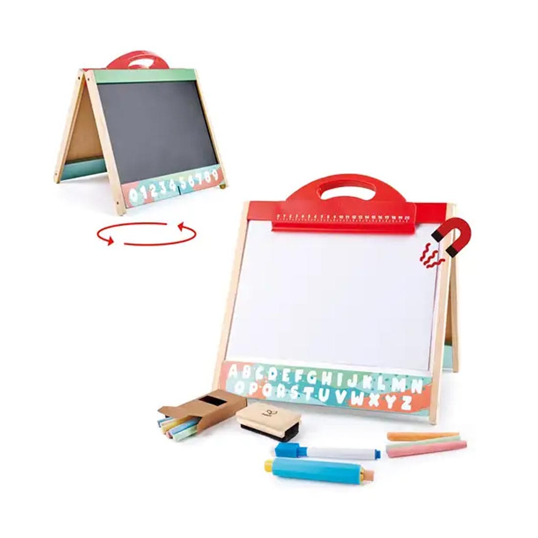 Store & Go Easel By Hape shown with the magnetic whiteboard side and the chalkboard side