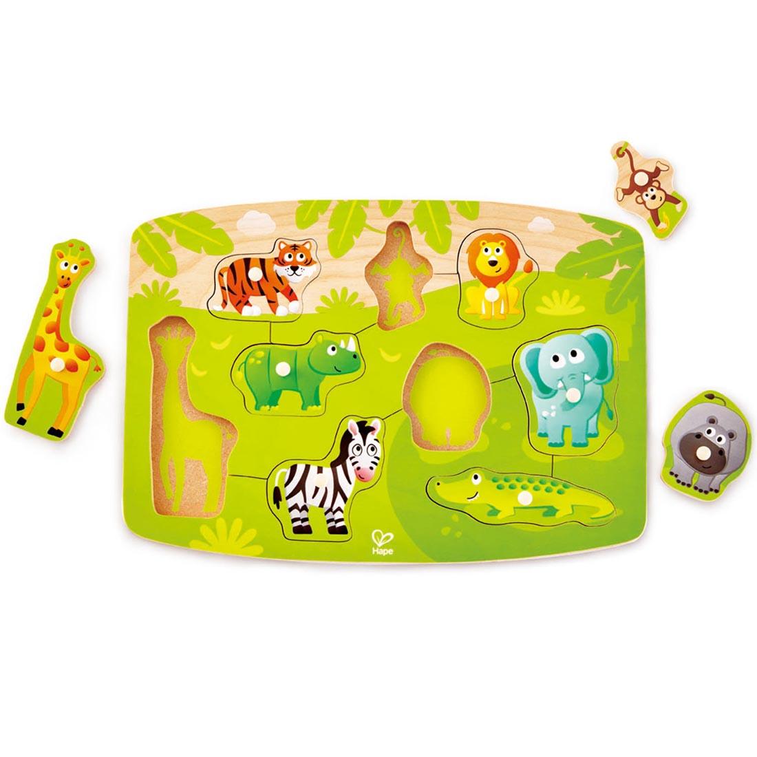 9-Piece Jungle Peg Puzzle By Hape with three of the pieces off to the side