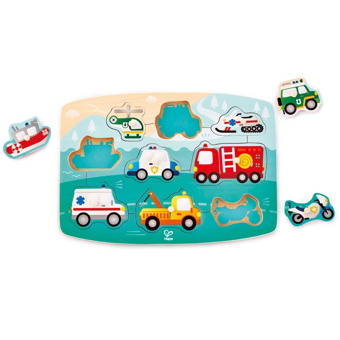 9-Piece Emergency Peg Puzzle By Hape with three of the pieces off to the side