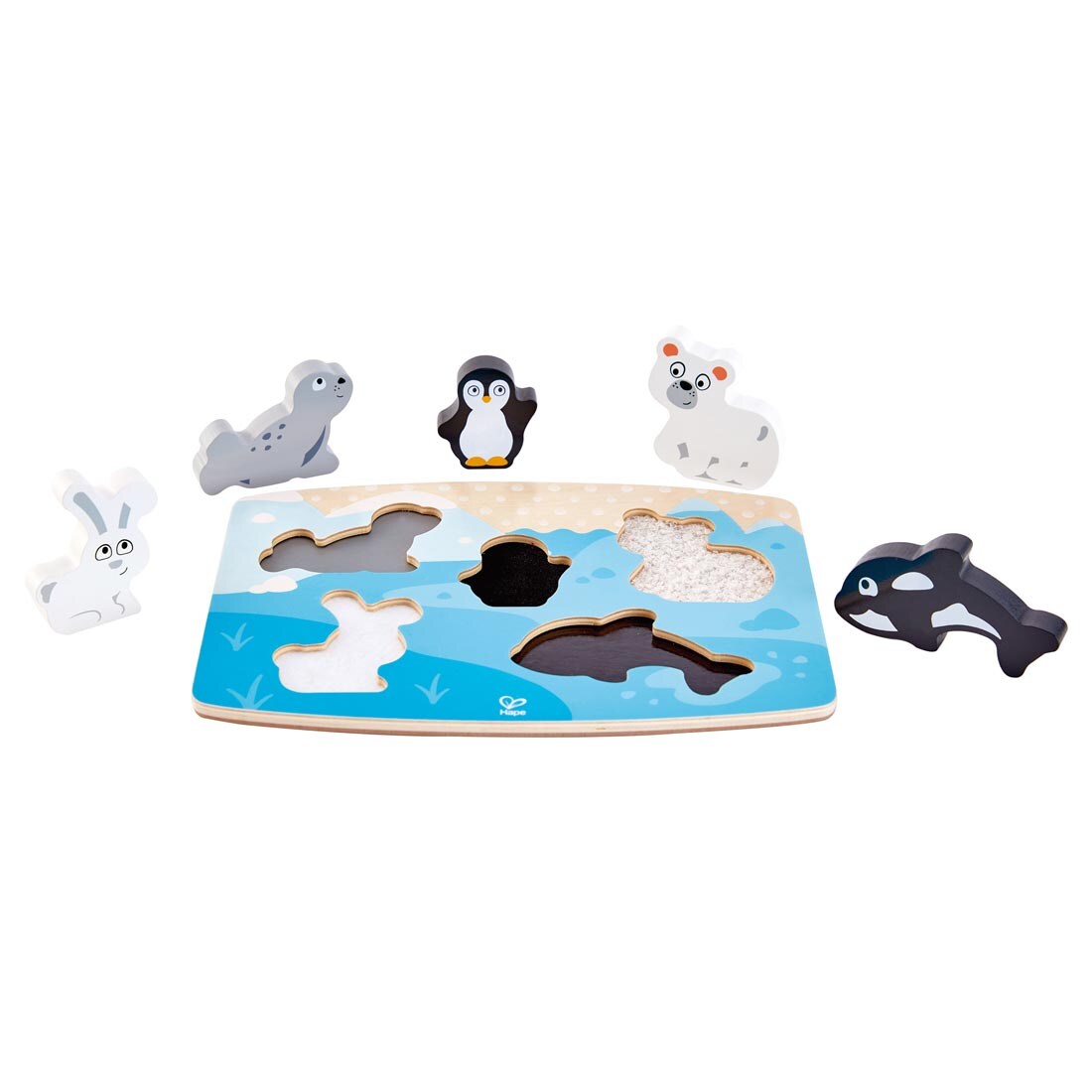 Hape Polar Animal Tactile Puzzle with the animal pieces standing up outside the puzzle tray