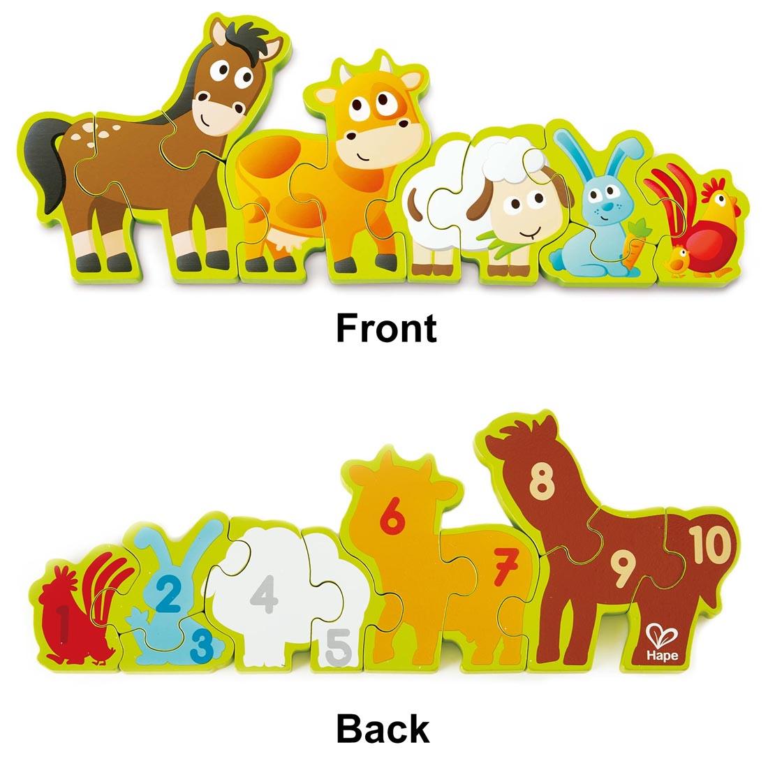 10-Piece Numbers & Farm Animals Puzzle By Hape labeled and shown both Front and Back