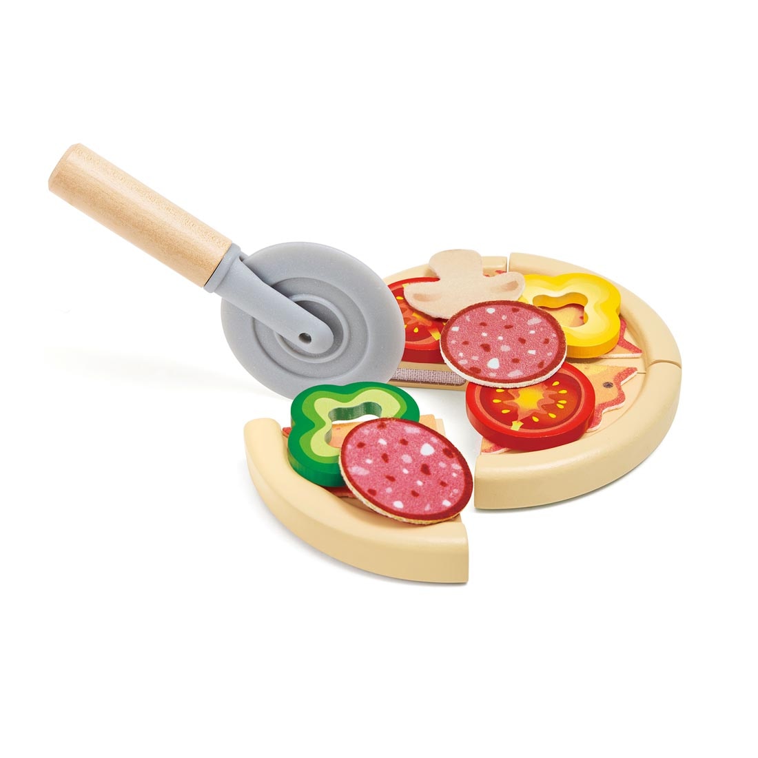 pizza, toppings and cutter from the Light & Sizzle Pizza Oven Play Set By Hape