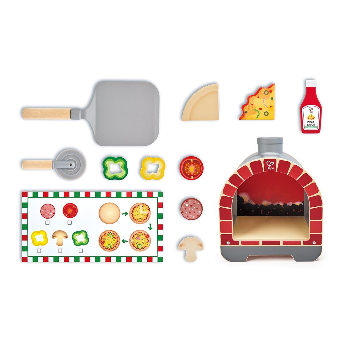 components of the Light & Sizzle Pizza Oven Play Set By Hape