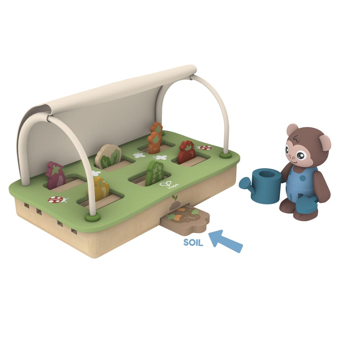 Organic Greenhouse Playset By Hape with an arrow labeled "soil"