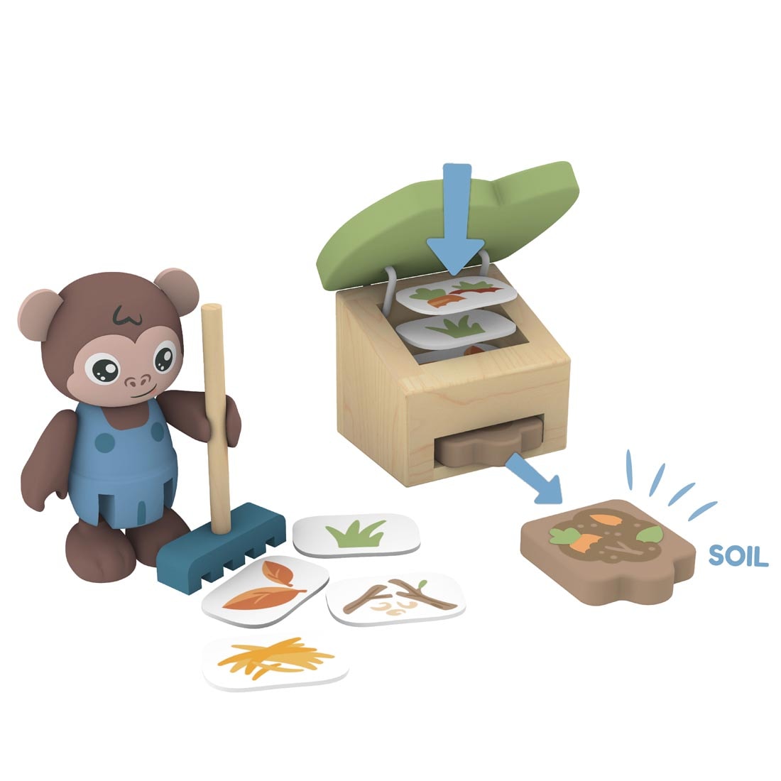 compost bin and Marco the monkey from the Organic Greenhouse Playset By Hape
