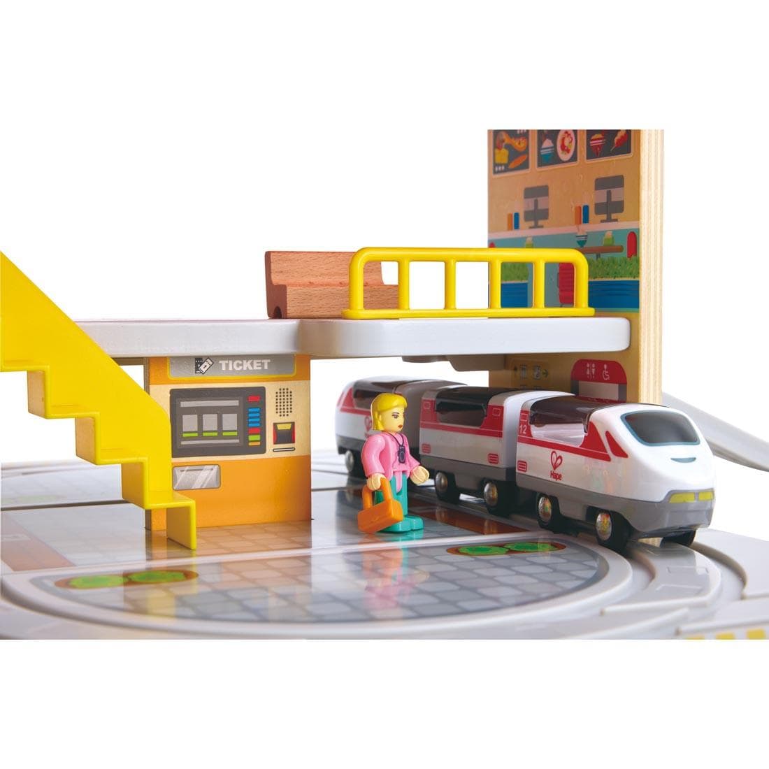 the lower portion of the railway station with train and figurine from the Portable Train Station Set