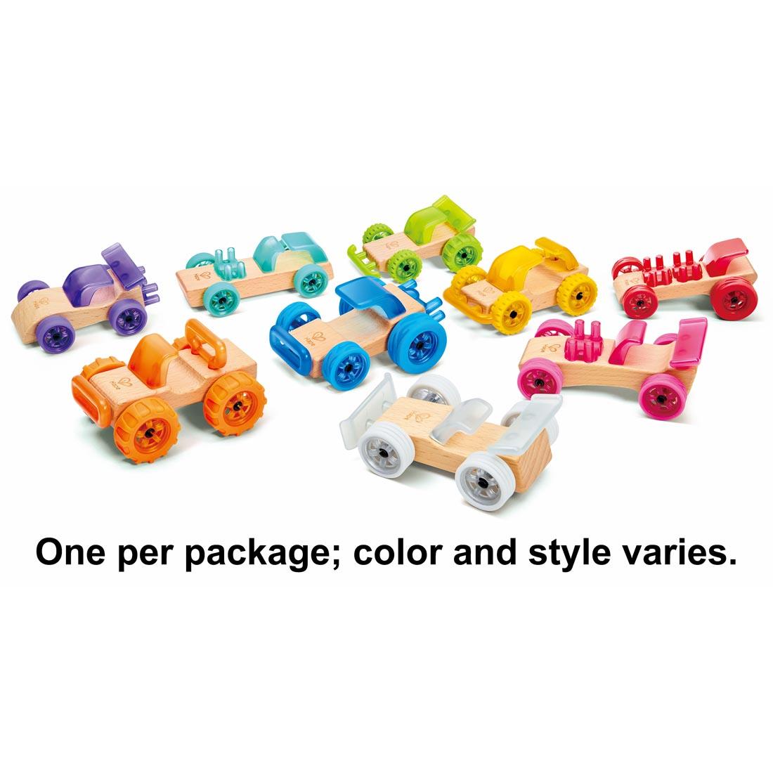 9 examples of completed cars made with Whizzy Wheels By Hape plus text One per package; color and style varies.