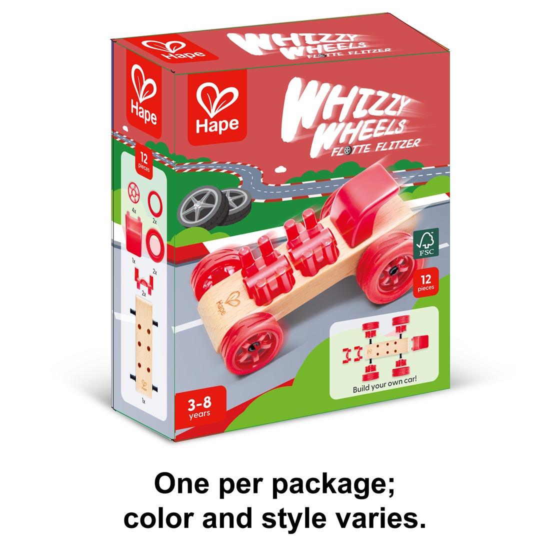 box for Whizzy Wheels By Hape plus text One per package; color and style varies.