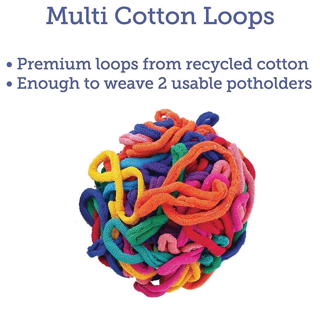 Friendly Loom Mini Pack Assortment with the text: Multi Cotton Loops; Premium loops from recycled cotton; Enough to weave 2 usable potholders