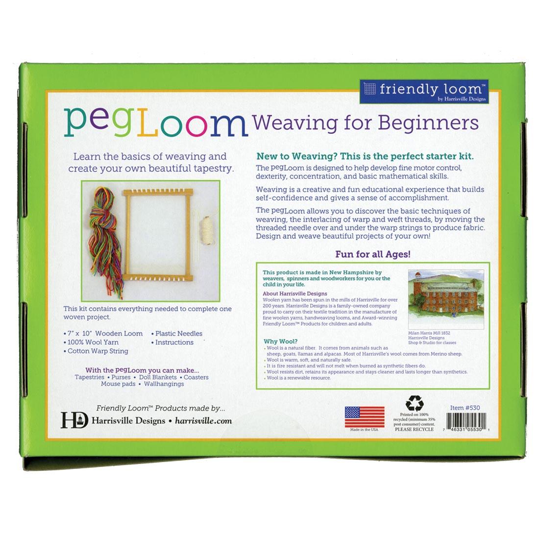 back of package of the Friendly Loom pegLoom For Beginners