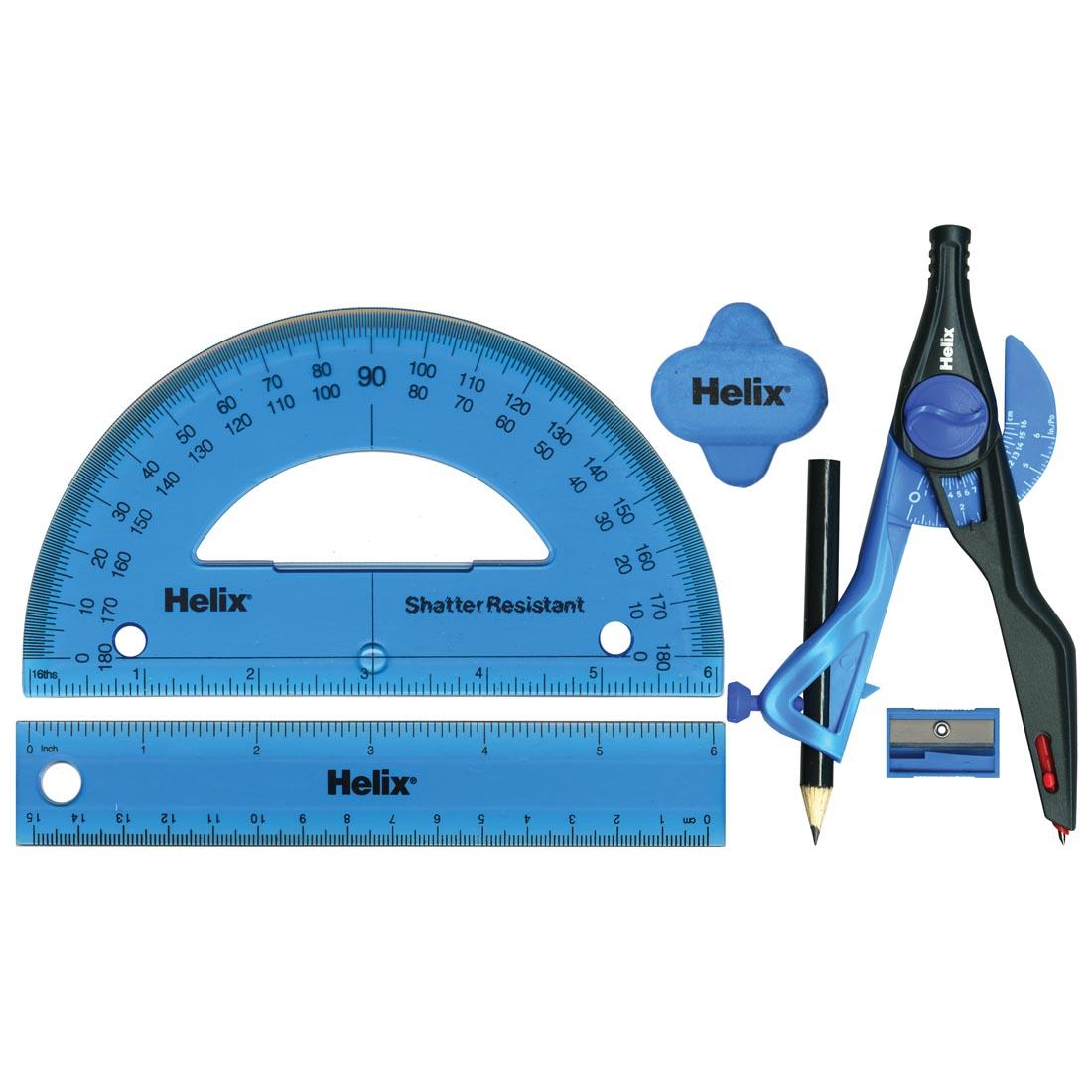 Helix Super School Kit with protractor, ruler, eraser, safety point compass with pencil and pencil sharpener