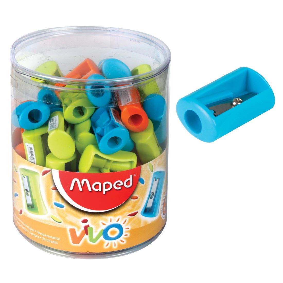 Canister of Maped Vivo Pencil Sharpeners with one outside