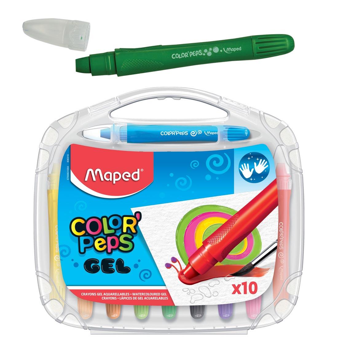 Maped Color'Peps Gel Watercolor Crayons package and a green one outside with lid off