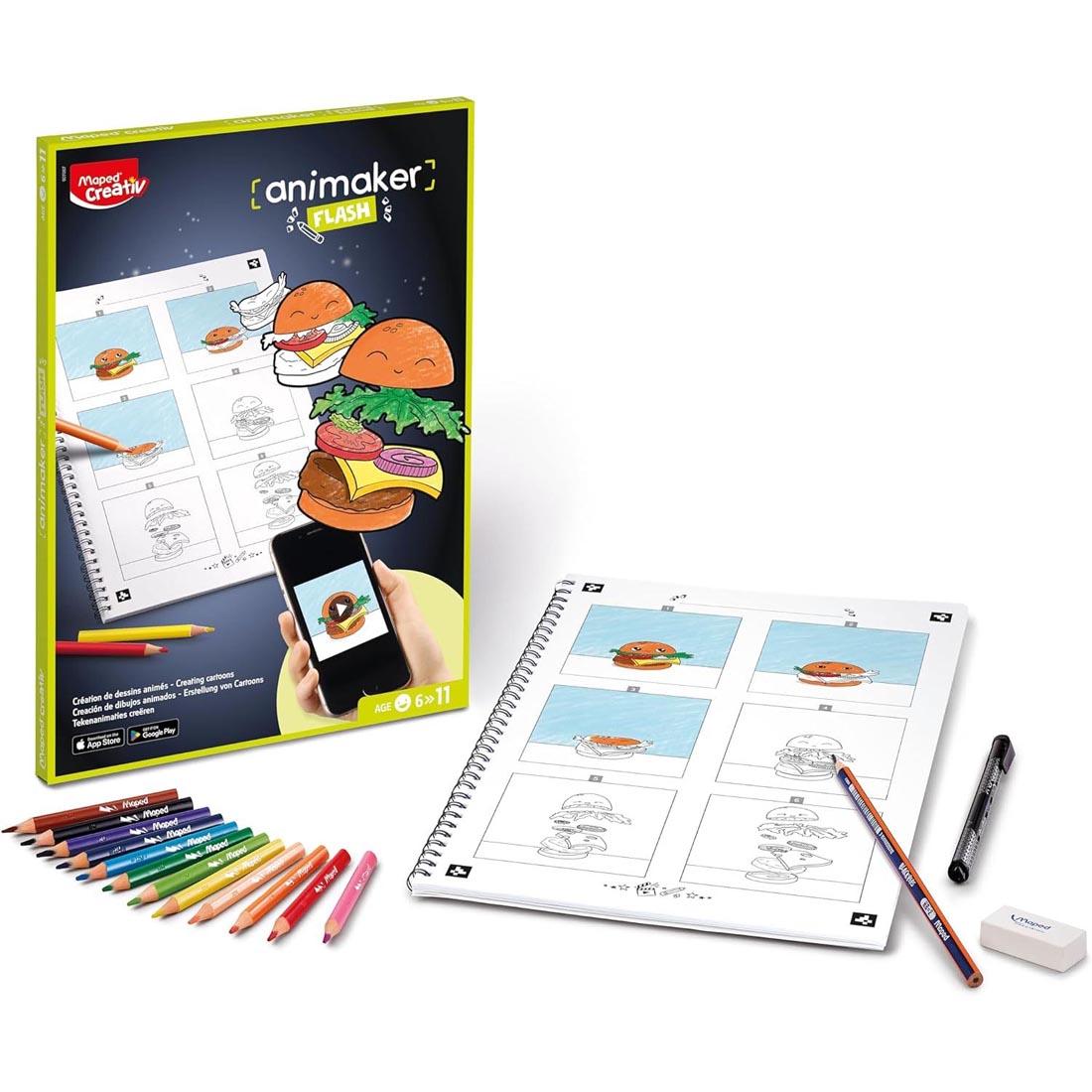 box and components of the Maped Creativ Animaker Flash Comic Strip Set