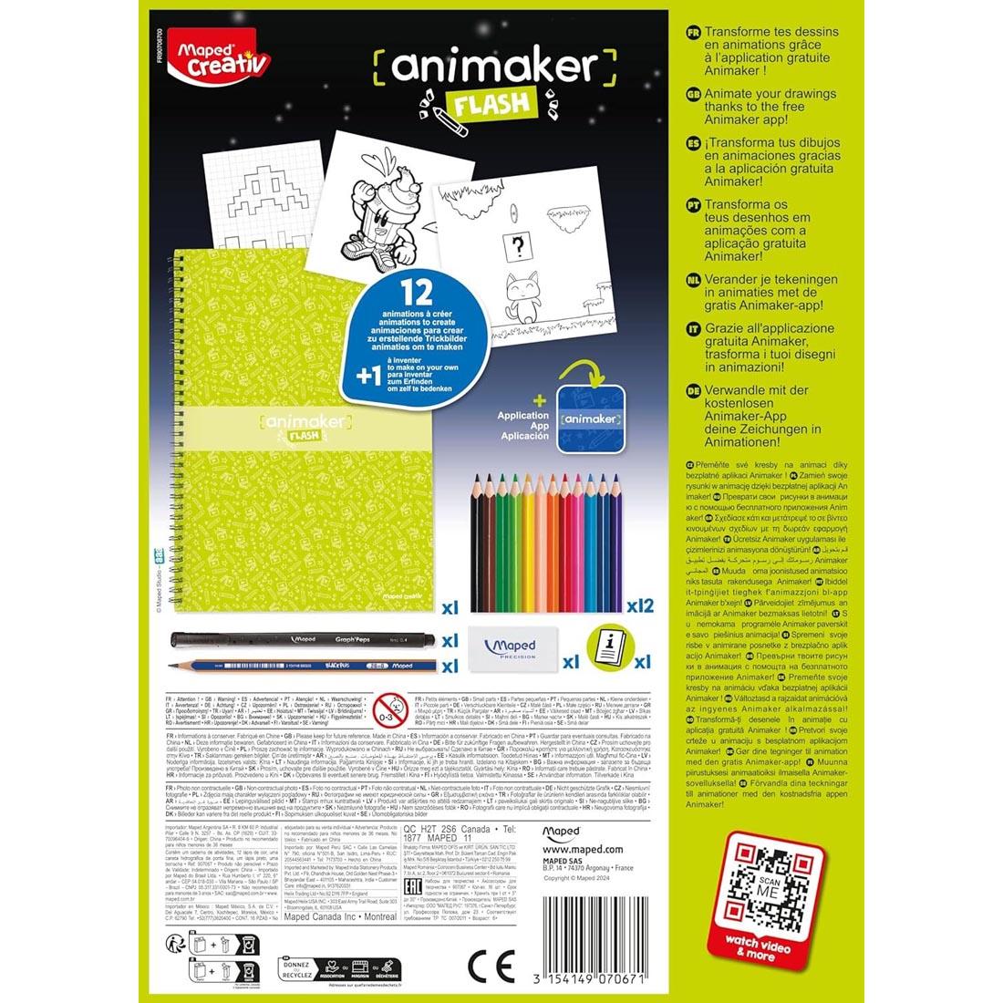 back of package of the Maped Creativ Animaker Flash Comic Strip Set