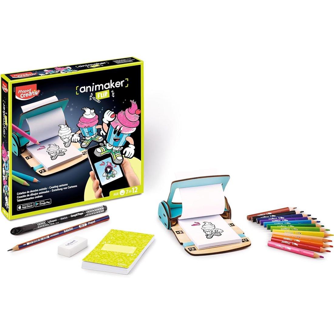 box and contents of the Maped Creativ Animaker Flip Comic Drawing Pad Set