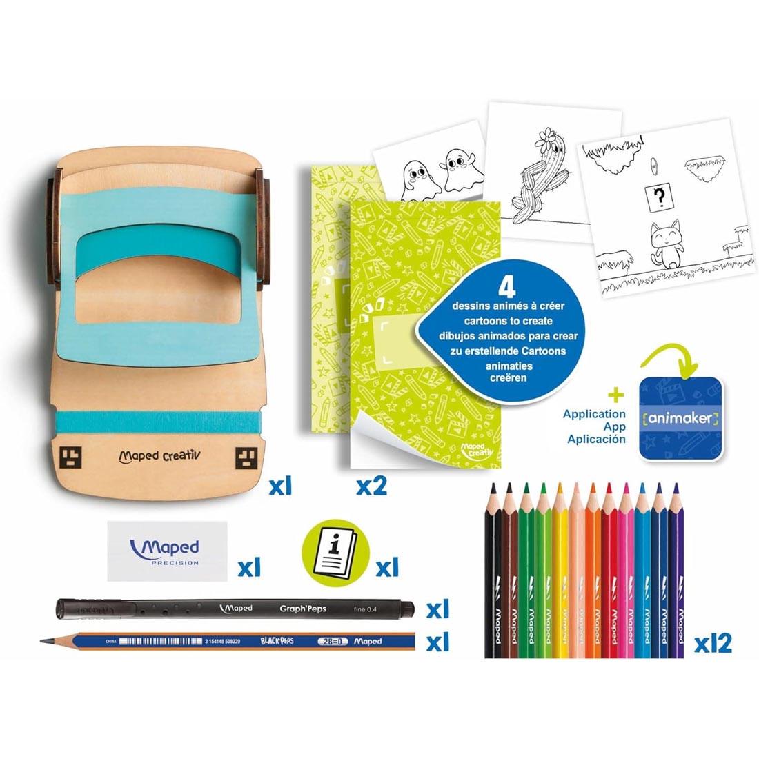 contents of the Maped Creativ Animaker Flip Comic Drawing Pad Set labeled with their quantities