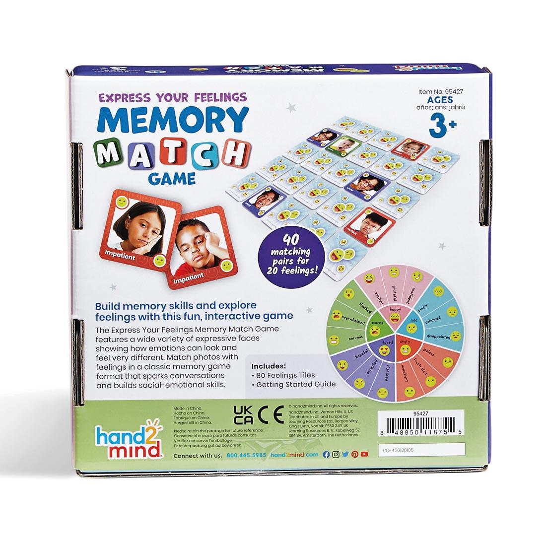 back of package of the Express Your Feelings Memory Match Game By Hand2Mind