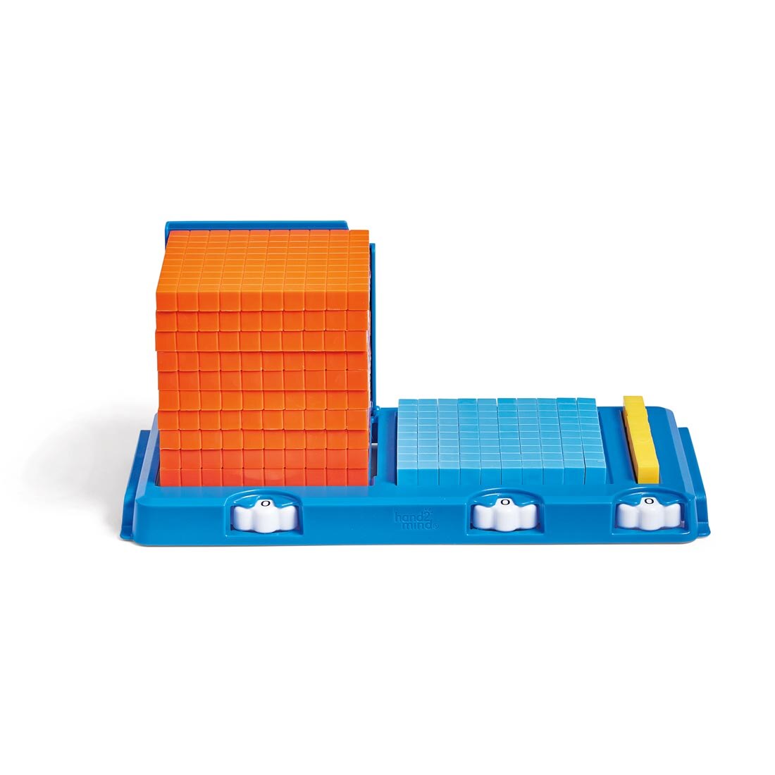 Plastic place value frame, with 10 orange flats, 10 blue rods and 10 yellow units