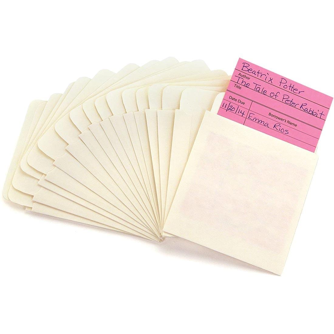 Hygloss Adhesive Manila Library Pockets shown with a pink library card in one