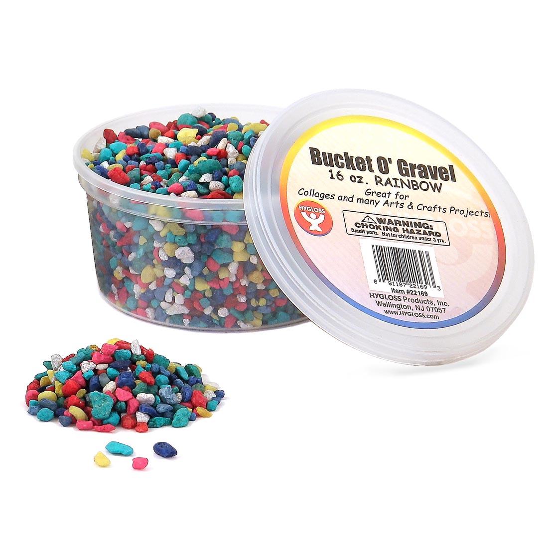 Hygloss Rainbow Bucket O' Gravel, shown with lid off and a small pile of gravel in the foreground