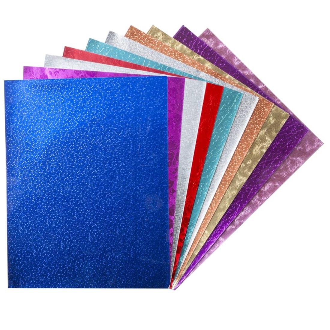 10 colors of Hygloss Embossed Metallic Paper, spread out like a fan