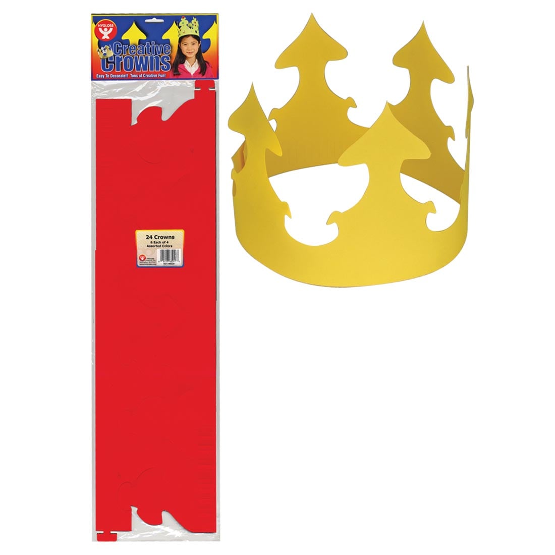 Package of Assorted Color Creative Crowns beside a yellow assembled one