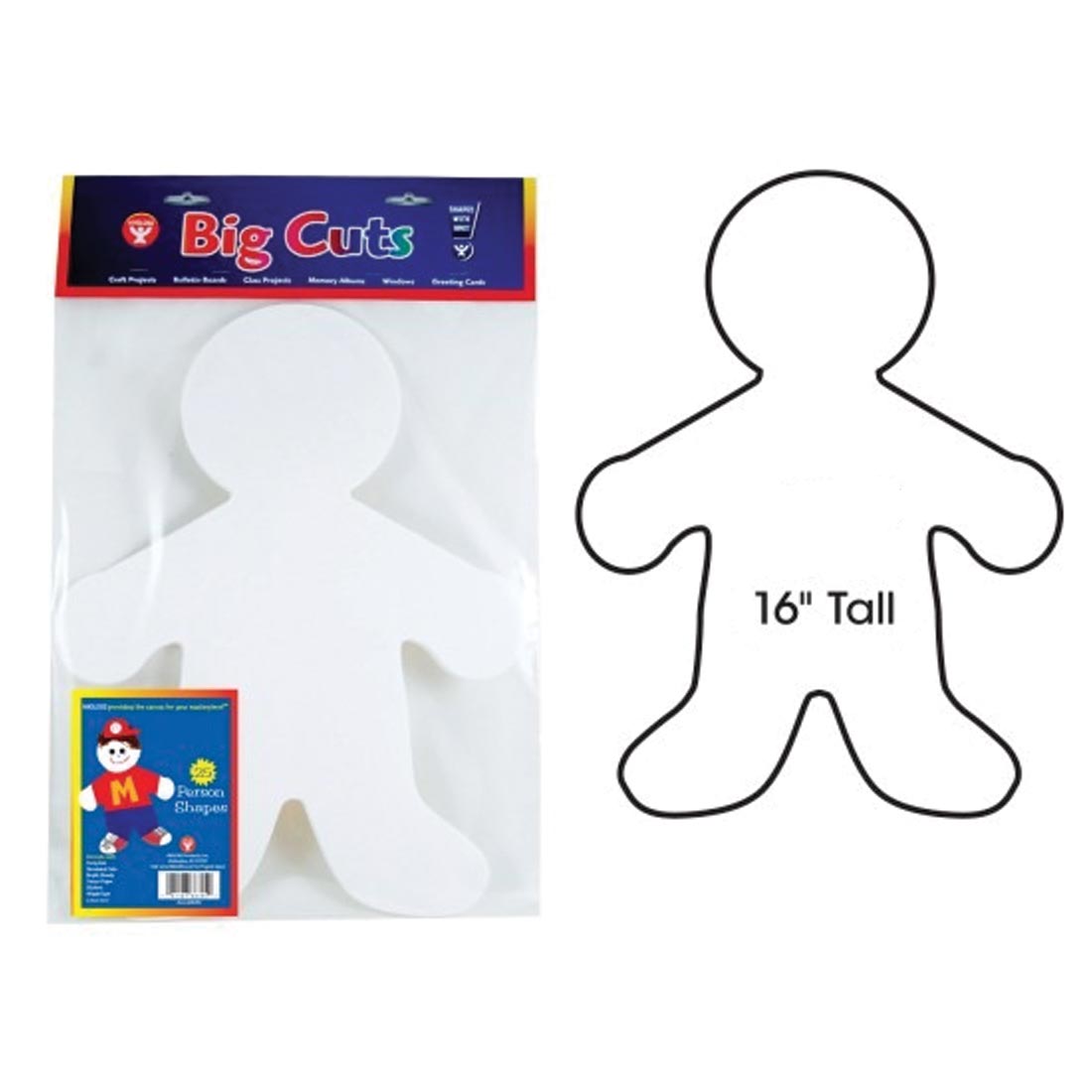 Package of Big Kids Cut-Outs beside an outline drawing of one with the text 16" Tall