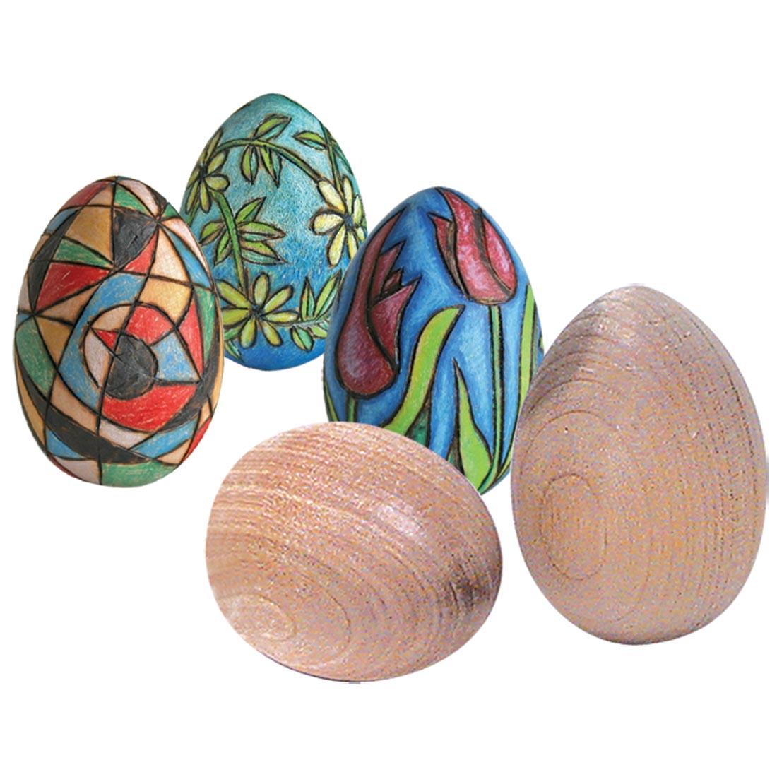 Five Wooden Eggs, three of them decorated