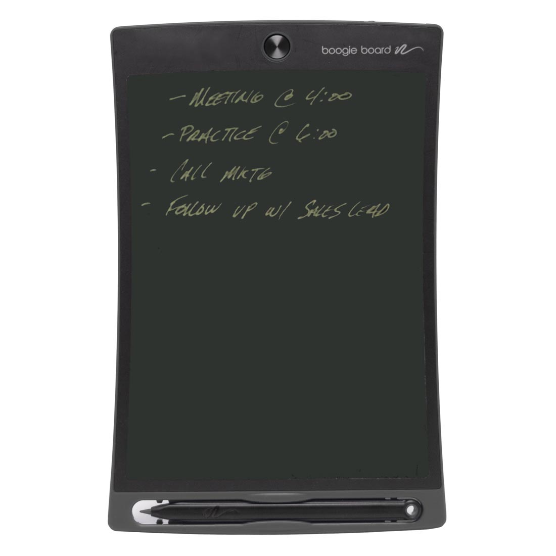 Gray Boogie Board Jot 8.5 LCD eWriter shown with a schedule checklist of Meeting, Practice, etc.