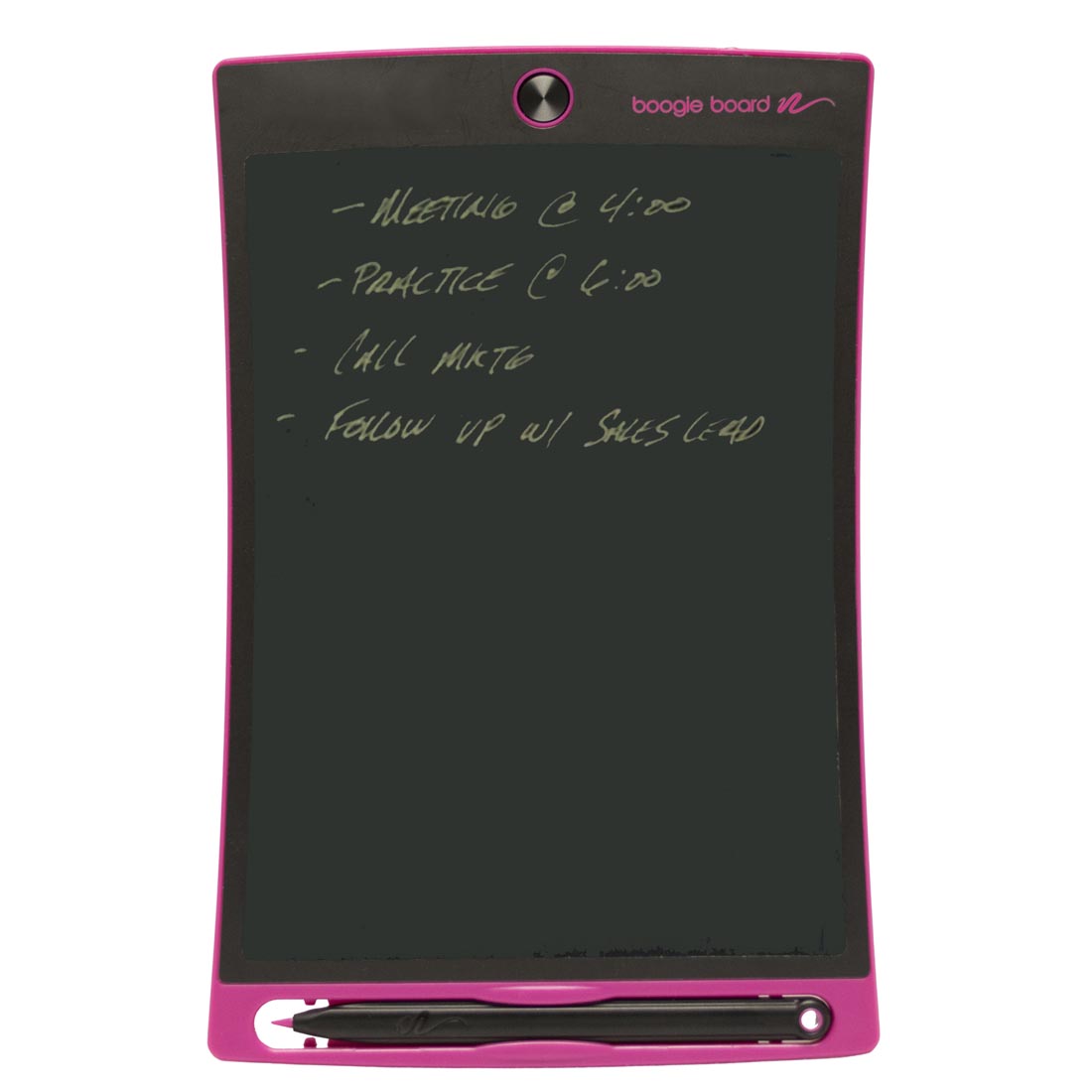 Pink Boogie Board Jot 8.5 LCD eWriter shown with a schedule checklist of Meeting, Practice, etc.
