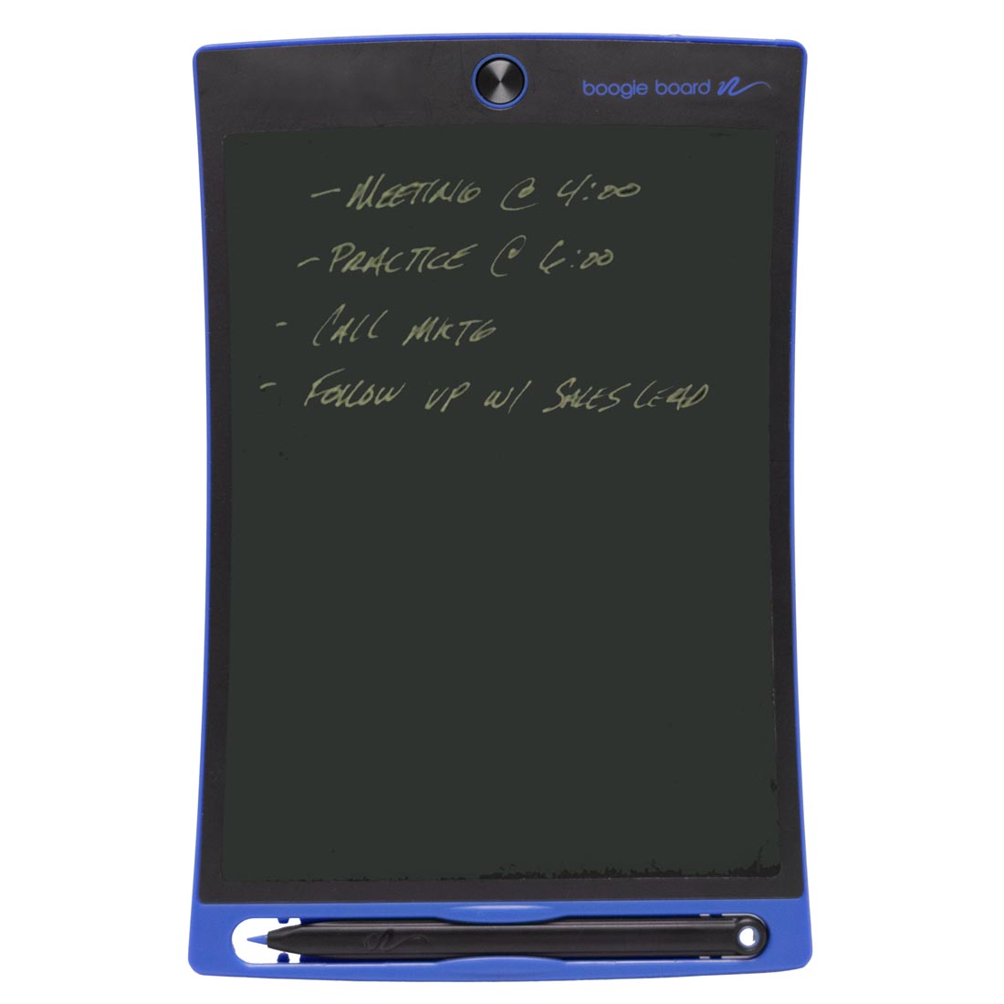 Blue Boogie Board Jot 8.5 LCD eWriter shown with a schedule checklist of Meeting, Practice, etc.