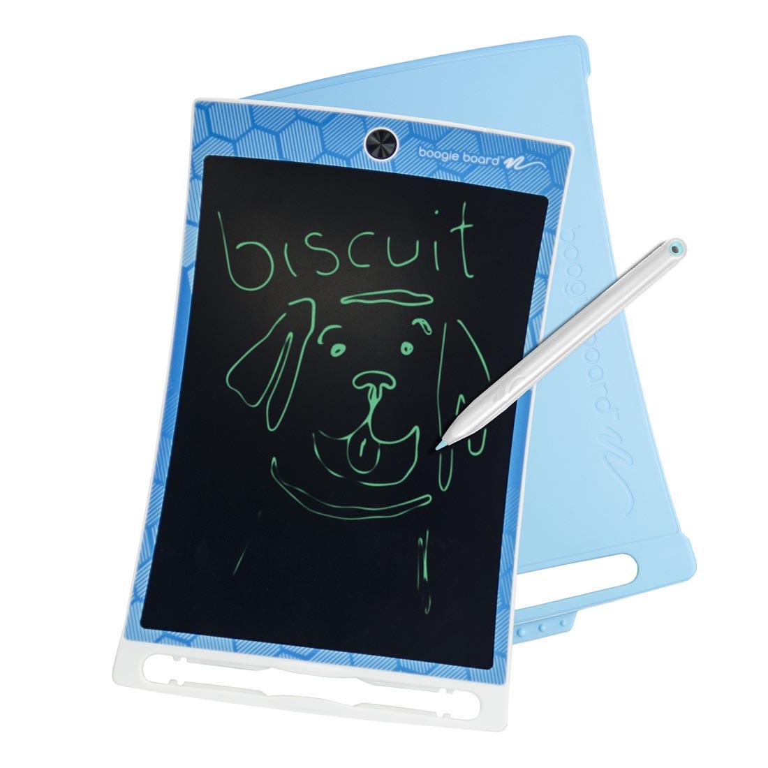 Geometric Blue Jot Kids Boogie Board shown with a drawing of biscuit the dog