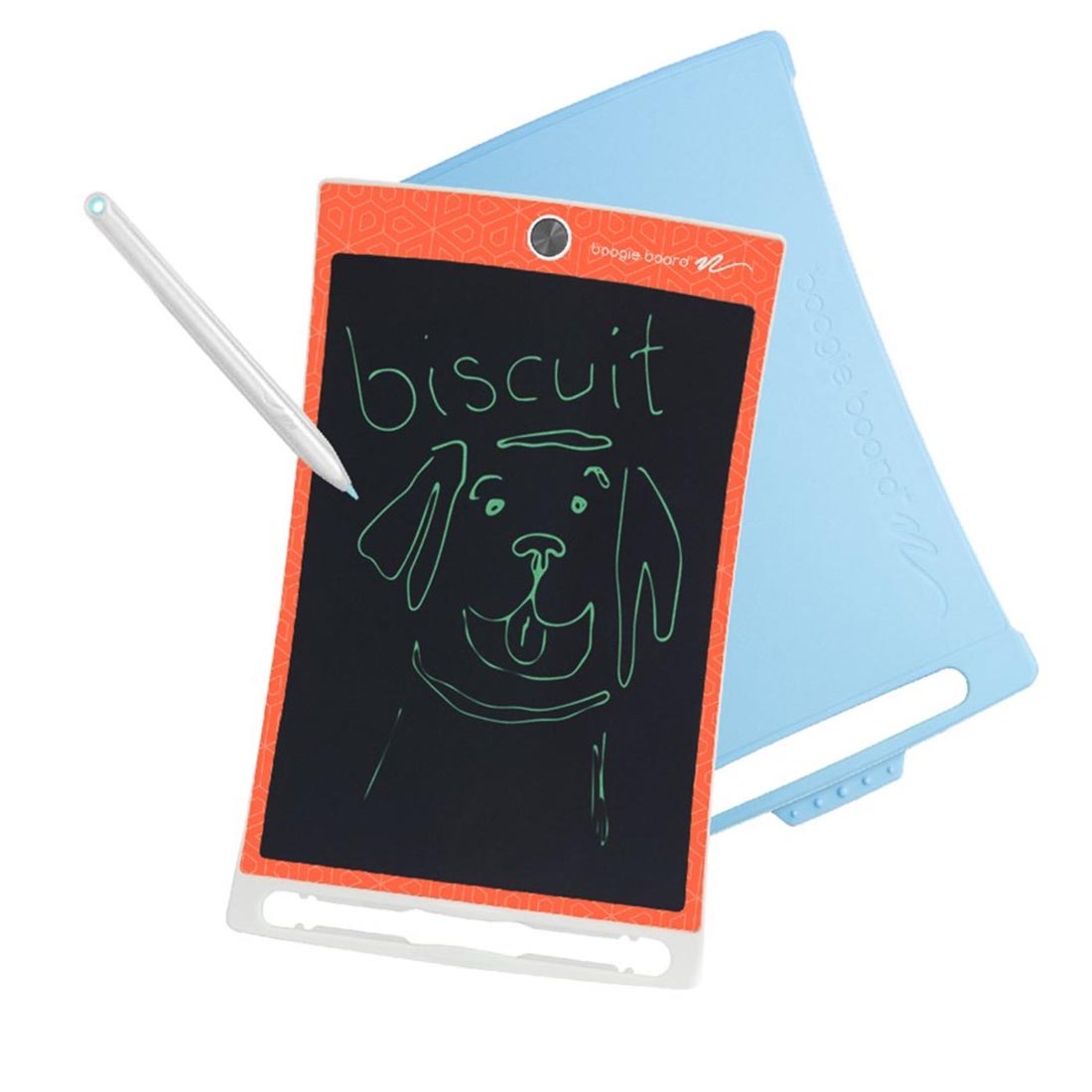 Geometric Orange Jot Kids Boogie Board shown with a drawing of biscuit the dog
