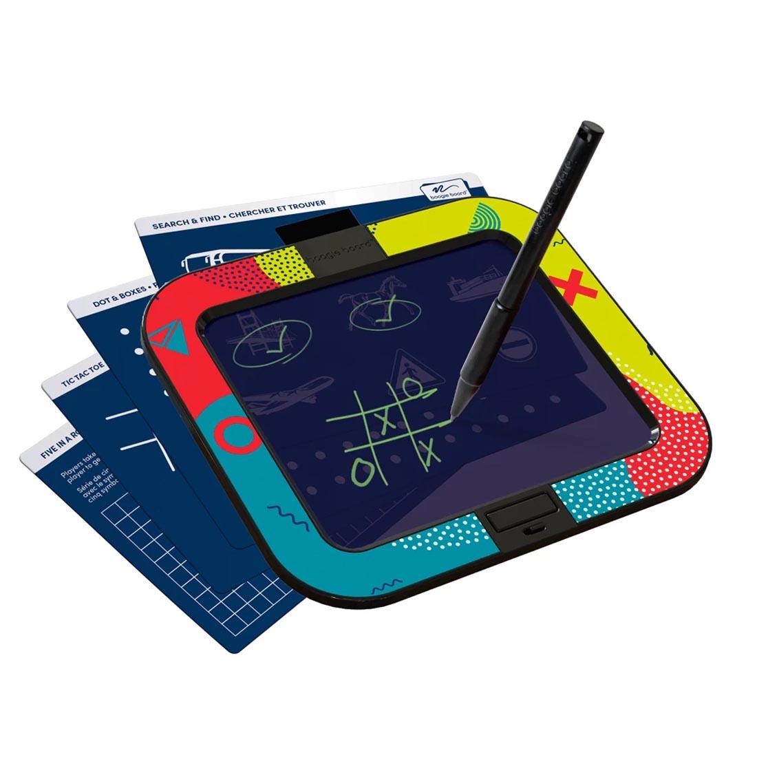 Boogie Board Dash with Activity Cards behind it and a game of tic-tac-toe on the screen